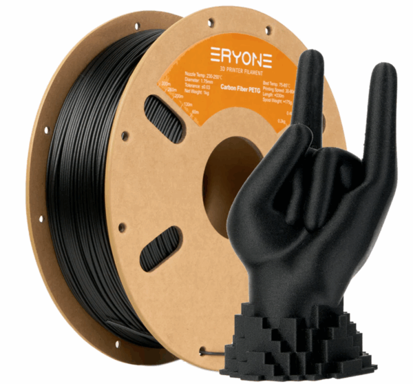 ERYONE Carbon Fiber PETG filament fekete színben, 1,75 mm vagy 2,85 mm átmérővel, szénszálerősített, 3D nyomtatáshoz.